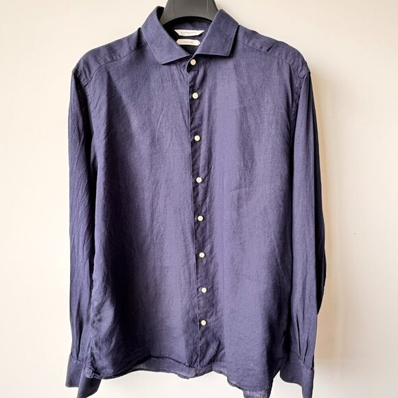 Suitsupply Slim Fit Tessitura Monti Pure Linen Long Sleeve Dress Shirt Navy - Picture 1 of 8